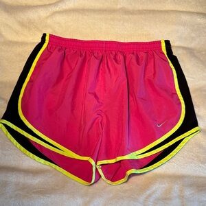 Nike Women's Hot Pink Athletic Shorts with Neon Yellow Trim